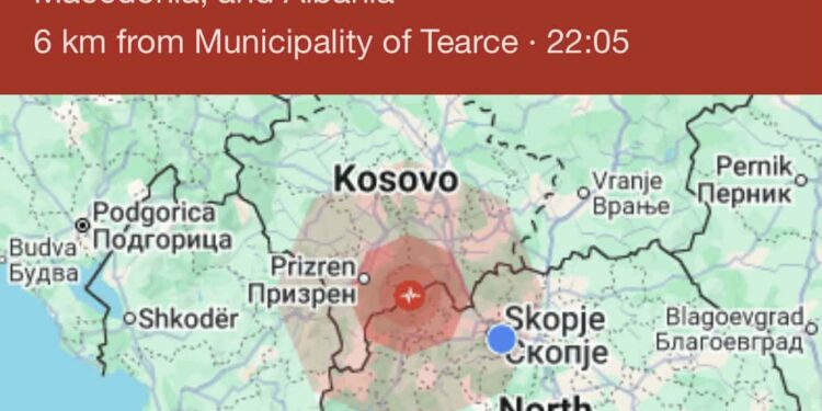 Земјотрес од 4,3 степени по Рихтер со епицентар во Теарце почувствуван во целиот поширок регион