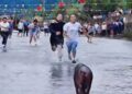 (ФОТО | ВИДЕО) Кој ќе ја фати – негова е: Необичен натпревар со фаќање свињи во Кина